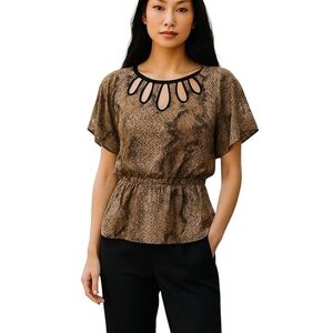 Womens Medium Blouse Flutter Sleeve Smocked Waist Snake Print Brown Cutouts